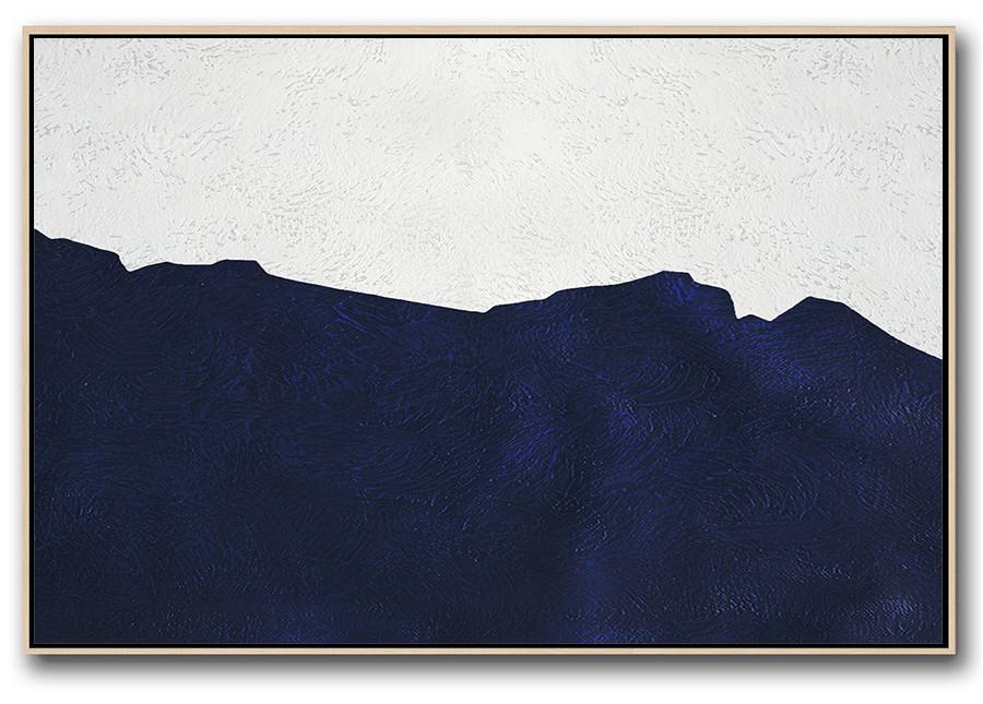Horizontal Abstract Painting Navy Blue Minimalist Painting On Canvas - Canvas Artwork For Living Room Extra Large